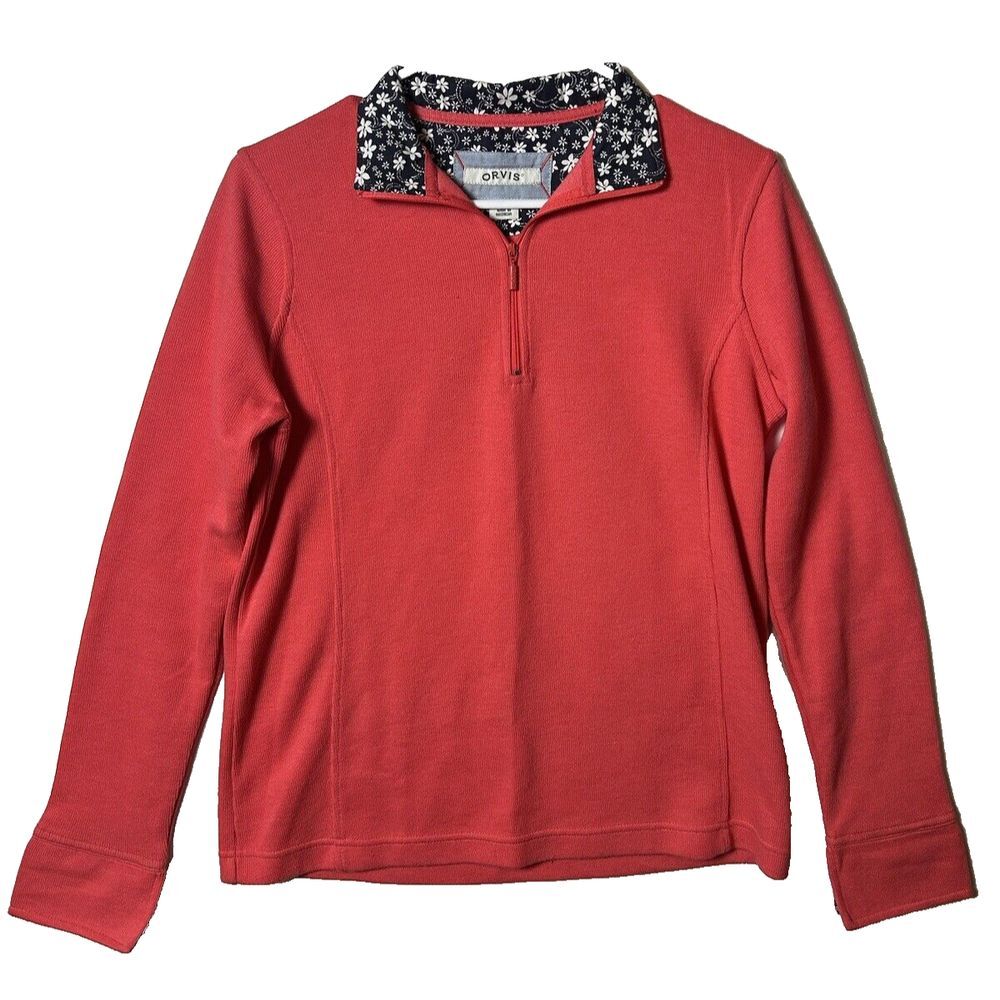 ORVIS Sandy Point 1/4 Zip‎ Pullover Size Small Long Sleeve Flip Cuff Coral Salsa